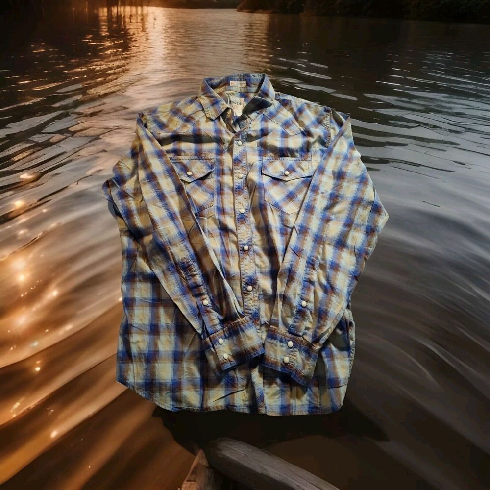 A Fossil 54 Pearl Snap Up Long Sleeve Shirt Men L Blue Brown Plaid Western‎ 1017